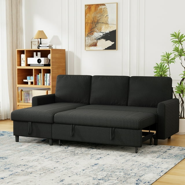 Walsunny Canapé Sectionnel-Lit Escamotable en L avec Méridienne Réversible avec Rangement pour Salons Petites Pièces Appartement, Noir