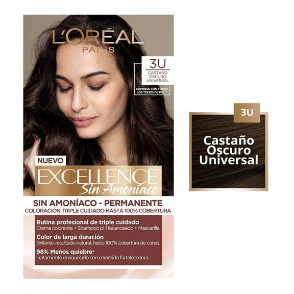 Tinte para cabello L'Oréal Excellence Sin Amoníaco 3u castaño oscuro universal