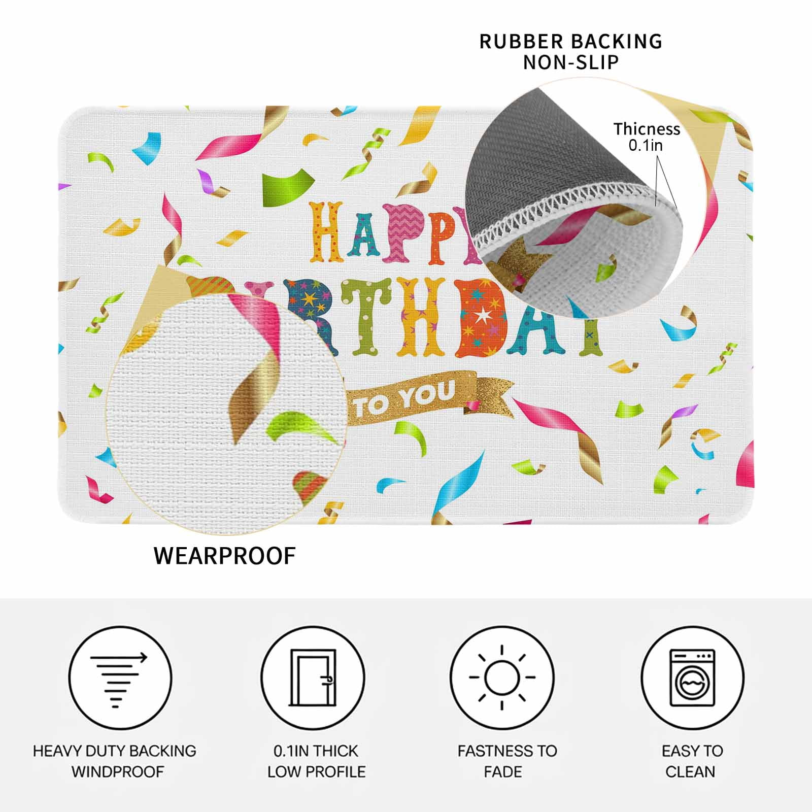 Happy Birthday Doormat Outdoor Entrance 24"x36", Colorful Words Absorb Moisture Dirt Door Mats, Non-Slip Rubber Backing Floor Mats Indoor, Low-Profile Front Door Rugs