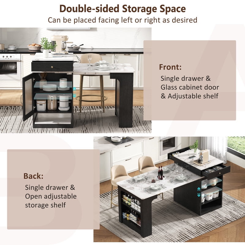 Bellemave 60" Kitchen Island with Extendable Dining Table and Power Outlet, Mobile Kitchen Storage Islands with 2 Storage Drawers, Rolling Islands Cart with Extra Rows Open Shelves（Black)