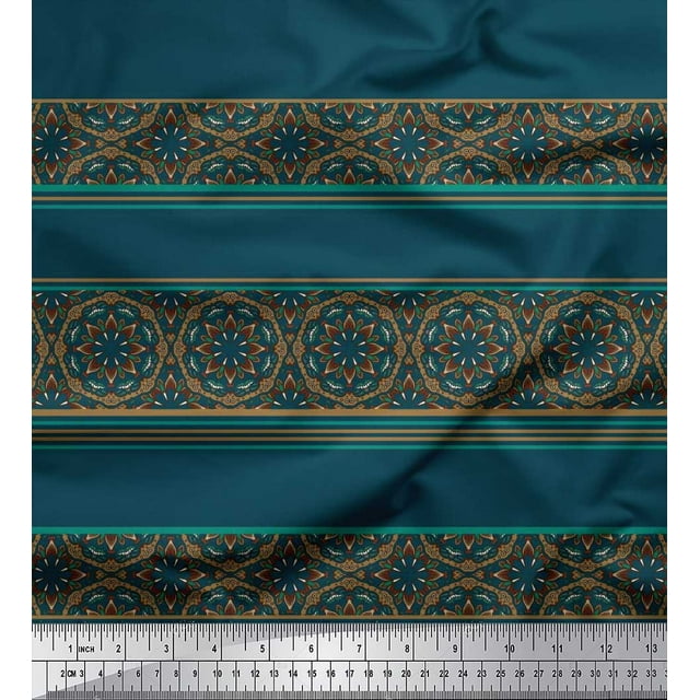Soimoi Polyester Crepe Fabric Stripe & Mandala Kaleidoscope Print Fabric by Yard 52 Inch Wide