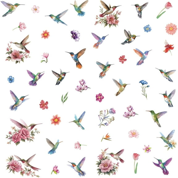 8 Sheets Hummingbird Wall Stickers Bird Flower Window Clings Stickers Wall Decals Peel and Stick PVC Waterproof Adhesive Decor for Home Stairway Bedroom Living Room Dorm colorful