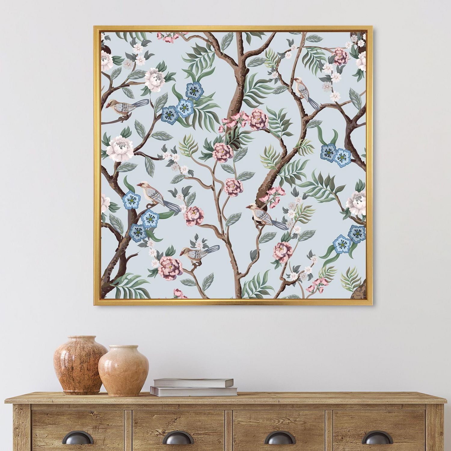 Designart Chinoiserie With Birds and Peonies X FLOAT FRAME WALL ART