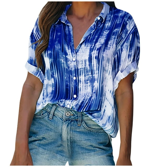 Womens Short Sleeve Blouses Womens Button Printed Short Sleeve Backswing Length V-Neck T- Blouses Women Short Sleeve Tops Women Short Sleeve Blouse Short Sleeve Tops for Women