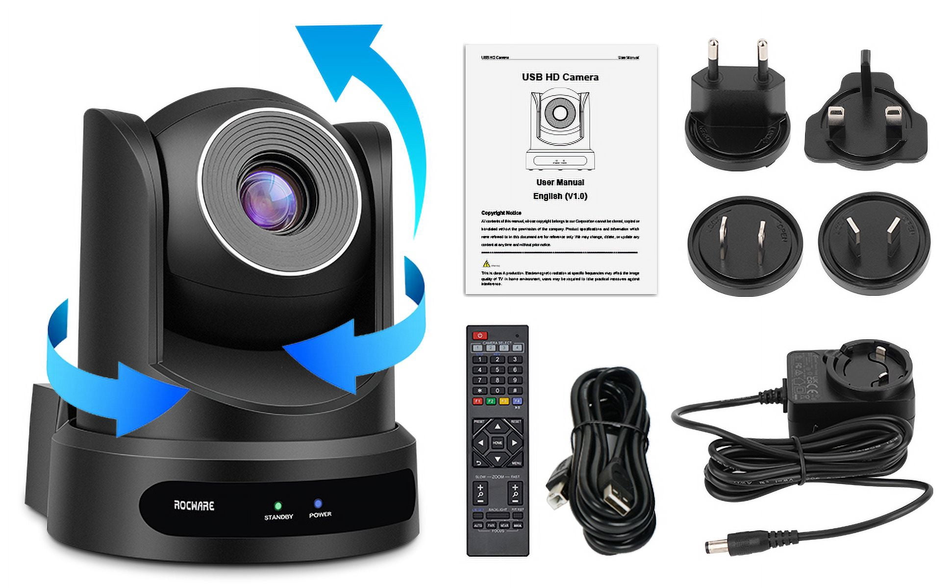 ROCWARE Conference Room Camera, RC20 PTZ Camera with Remote Control,10x Optical Zoom Webcam, 16X Digital/USB Output & AutoFocus/Low-Light & White Balance Correction for Church/Education/Broadcast