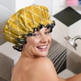 thumbnail image 5 of Shower Caps,Yellow Geometric Quatrefoil Pattern Waterproof Shower Cap for Women 4 Pieces,Double Reusable Hair Cover for Shower PEVA Elastic Stretch Hem, 5 of 7
