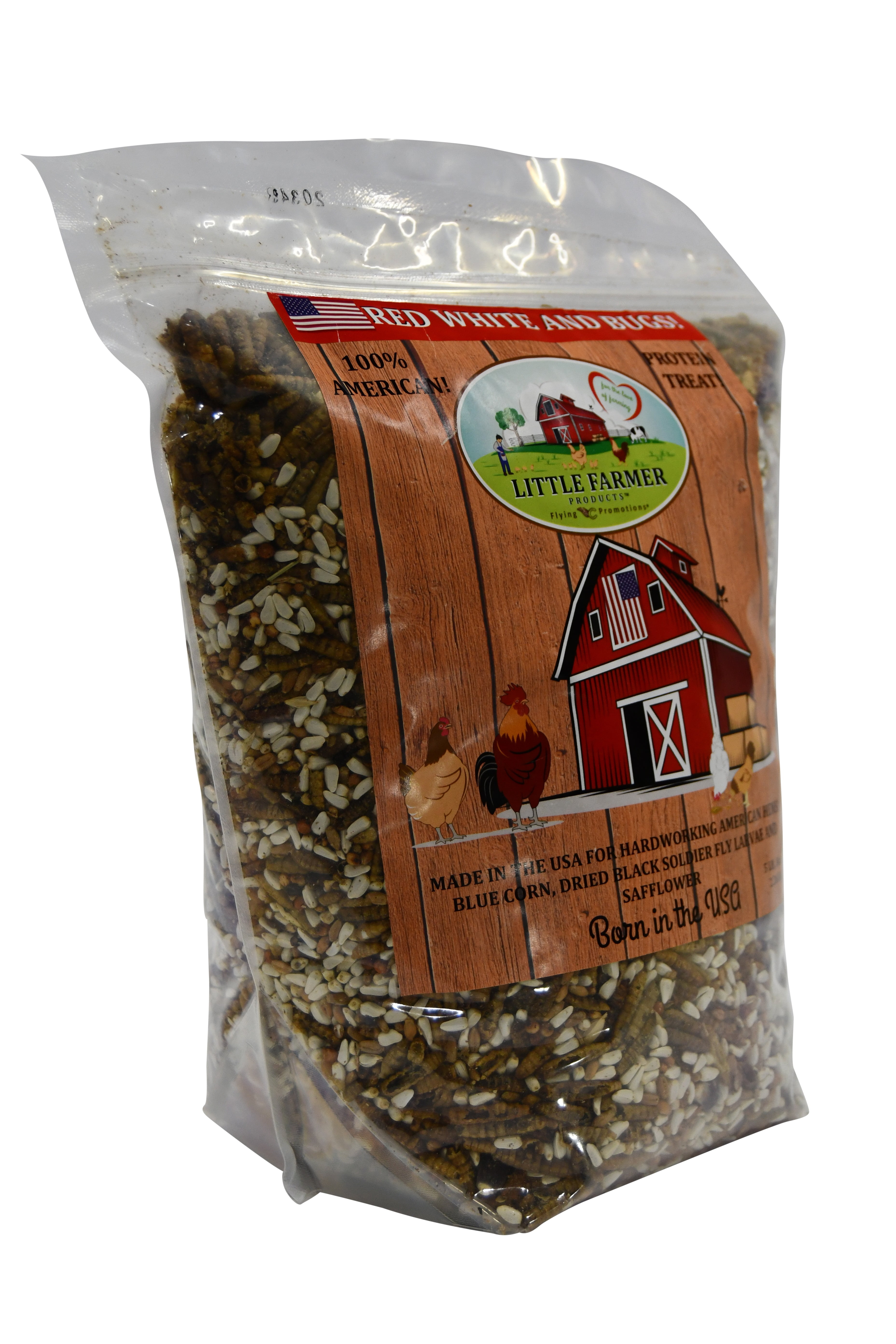 5lbs Red White and Bugs! Premium Non-GMO Black Soldier Fly Grubs, Blue Corn, Safflower Mix, Poultry Treat, USA Grown