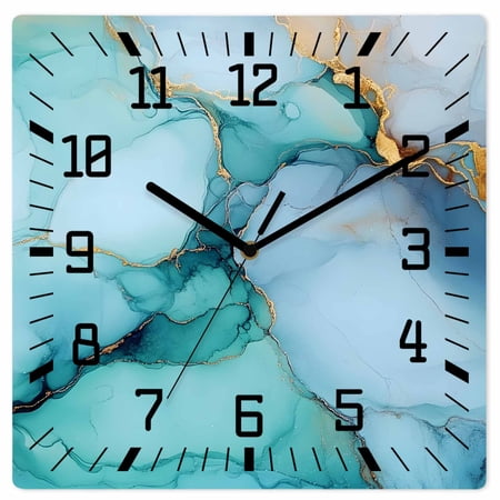 Teal Marble Wooden Wall Clock Silent Non Ticking, Contemporary Ink Painted Abstract Art Square Wall Clocks Battery Operated, Decor Clock for Home Office, Living Room, Kitchen, 10 Inch