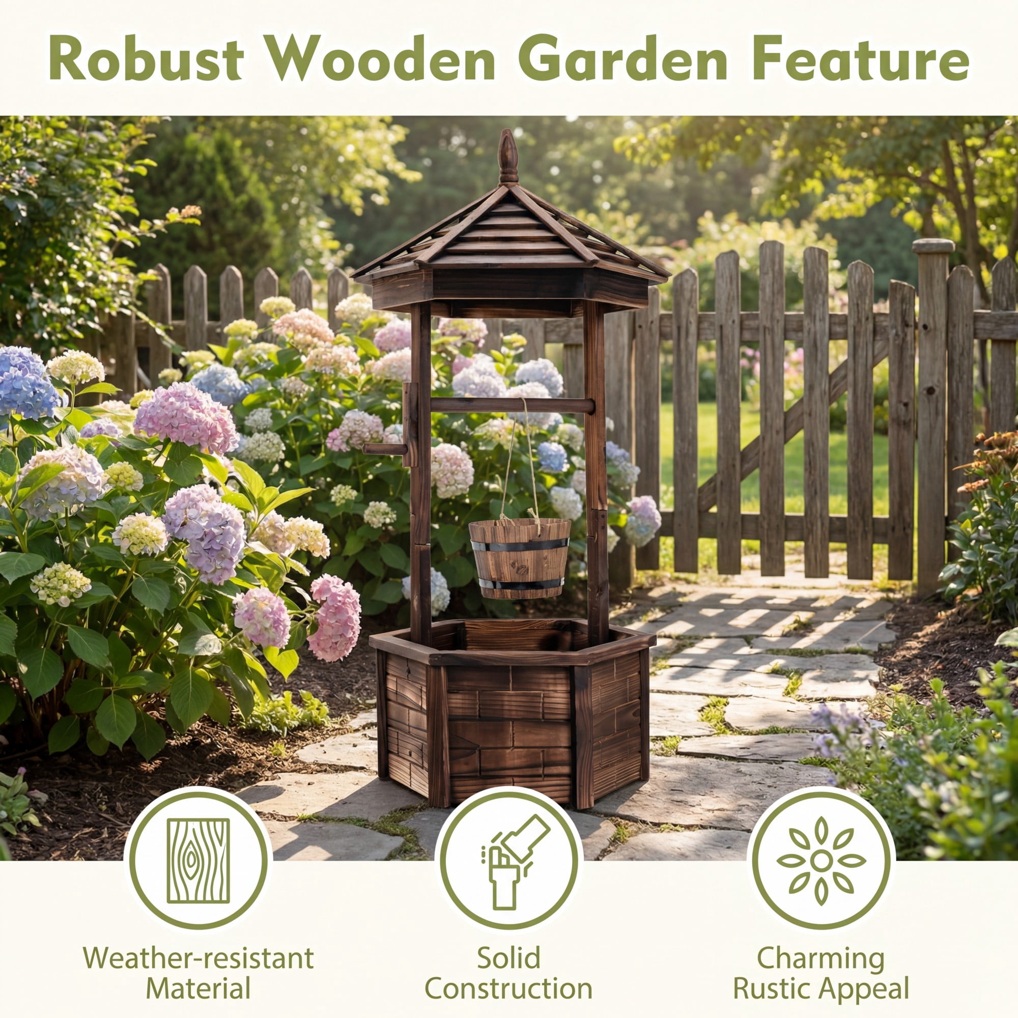 Costway Wooden Wishing Well Hexagonal Bucket Flower Plants Planter Patio Garden Decor