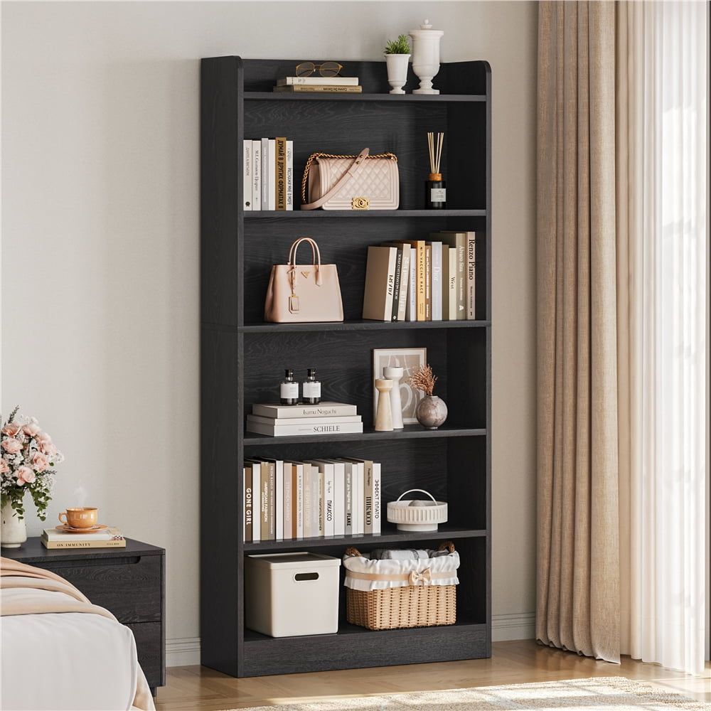 Renwick Wooden 6 Layer Modern Open Shelf Bookcase with Top Compartment, Black