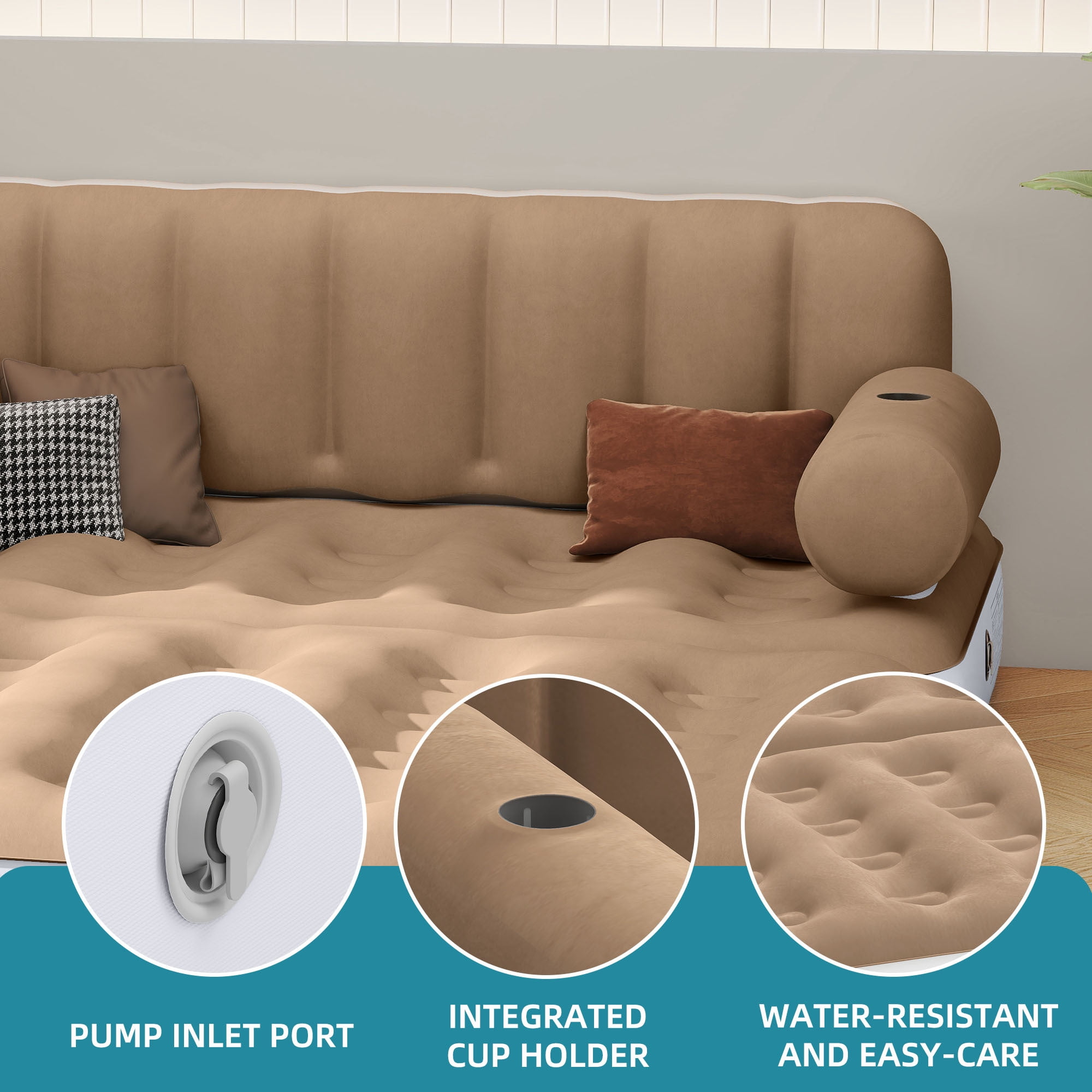 Uforic Queen Air Sofa Bed Mattress with Headboard & Pump for Home Camping Guests, Khaki