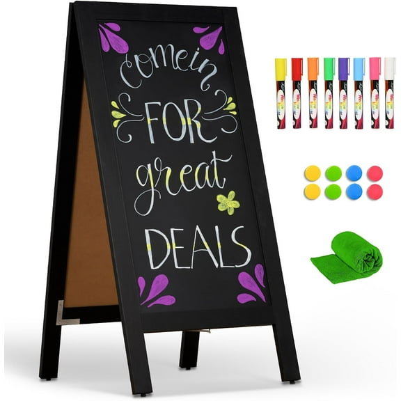 A-Frame Double-Sided Magnetic Chalkboard 40"x20", Solid Pine Wood Freestanding Sandwich Board for Restaurants, Cafes, Weddings (Black)
