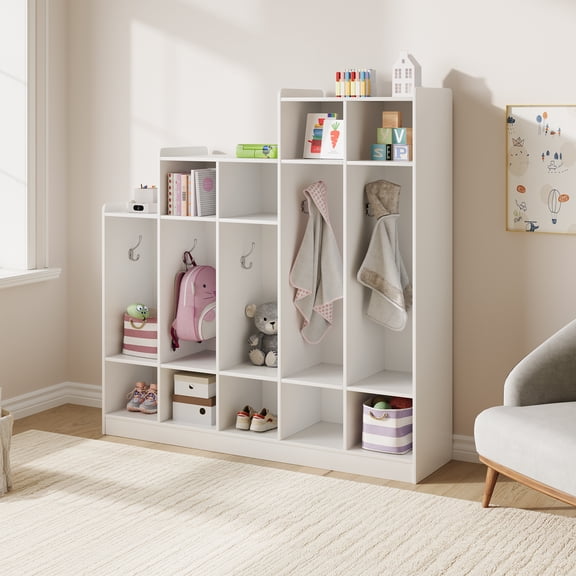 Danolapsi 5-Section Classroom Coat Locker with 9 Cubbies, Daycare Cubby Storage Organizer with 10 Hooks for Home, School, Nursery, Kindergarten