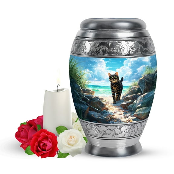 Yatskia Cat at Beach Urns for Human Ashes Keepsake Adult Mom and Dad, Mini Blue Cremation Urn for Ashes for Women, (Monar Pack of 1, 3 Inch)