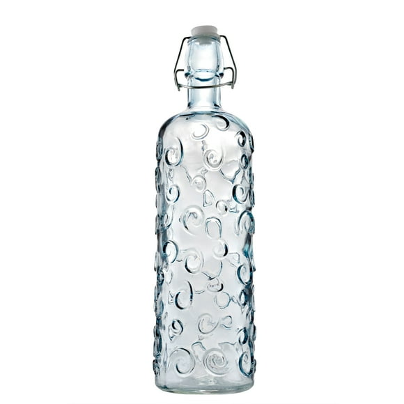 Botella de Vidrio Grueso, Tapa de Goma con Cierre Hermético Reutilizable, Envase de Vidrio Transparente con Relieve, 1 Litro, Espiral Azul