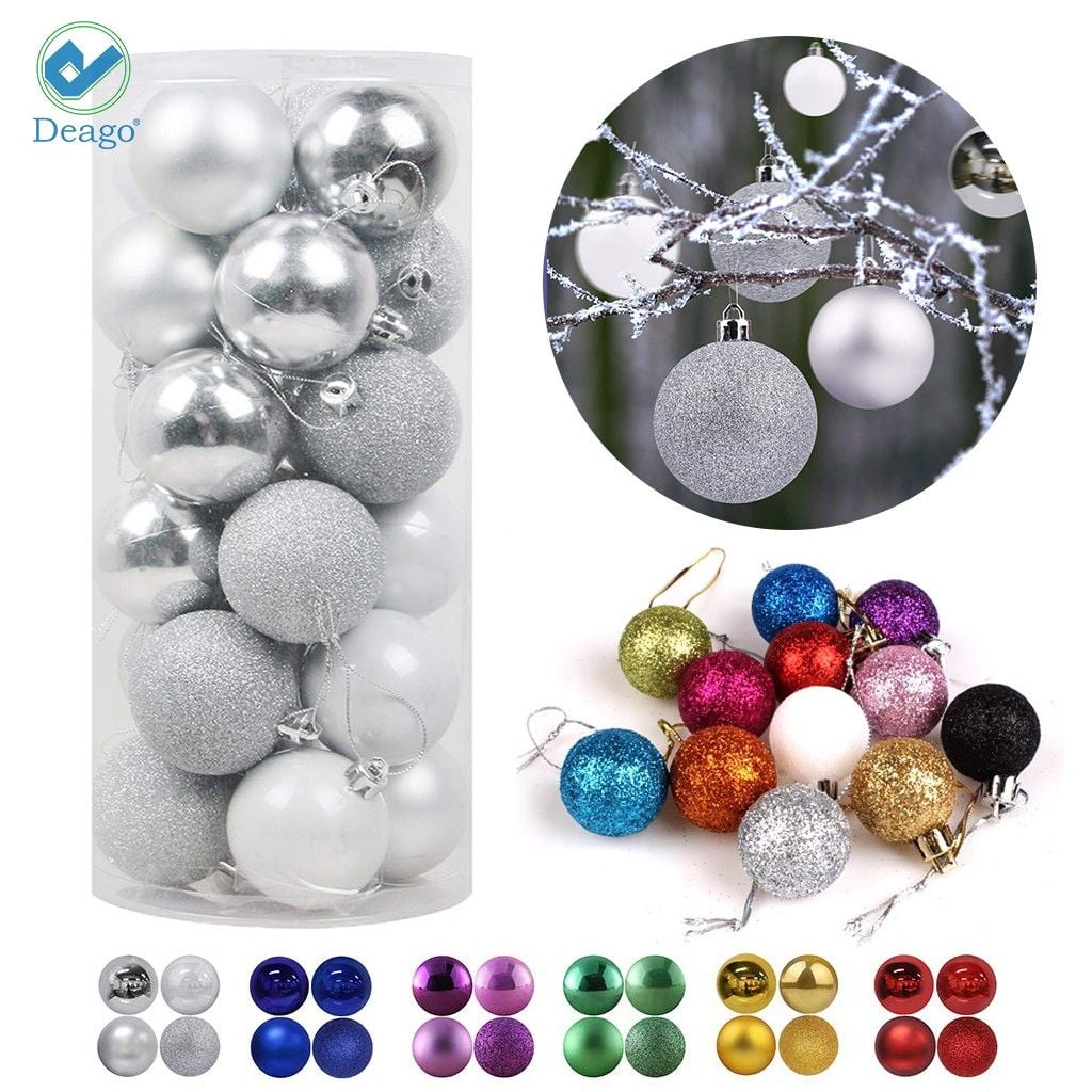 Deago Silver Plastic Small Shatterproof Ball Ornaments, with Hanging Hooks 24 Count (11.8")