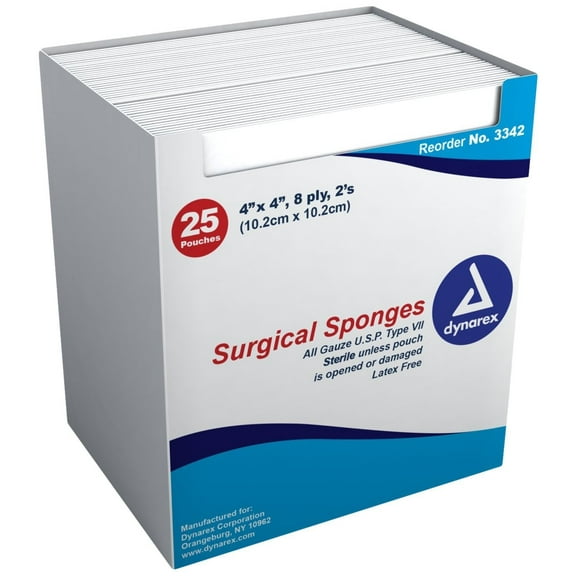Dynarex 3342,  Gauze Sponge, Cotton, 8-Ply, Sterile, White, 25/Box (771740_BX)