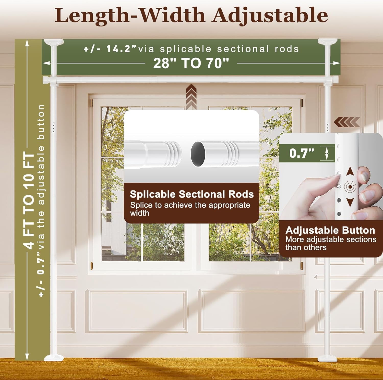 Room Divider for Room Separation, Tension Curtain Rods No Drilling, 4-10ft(H) 28-70inch(W) Adjustable Temporary Privacy Wall Divider, Heavy Duty Freestanding Space Partition Separator, White