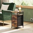 thumbnail image 2 of CZMDZH Narrow Side Table with Charging Station, End Table with LED Lights,3 Fabric Drawers and Open Storage Shelf, Bed Side Tables Living Room, Small Spaces, Bedroom, Rustic Brown, 2 of 12