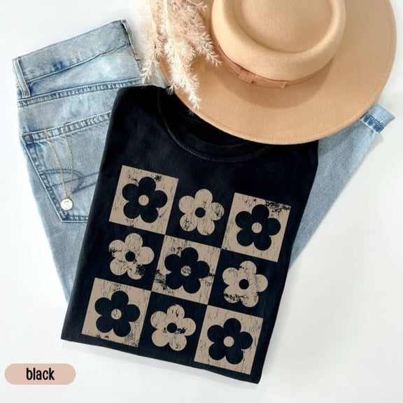 Women T Shirt, Checkered Flowers Graphic Tees,Pattern printing, Soft Comfortable Tops,Crew neck,Retro,cotton,black,S-5XL