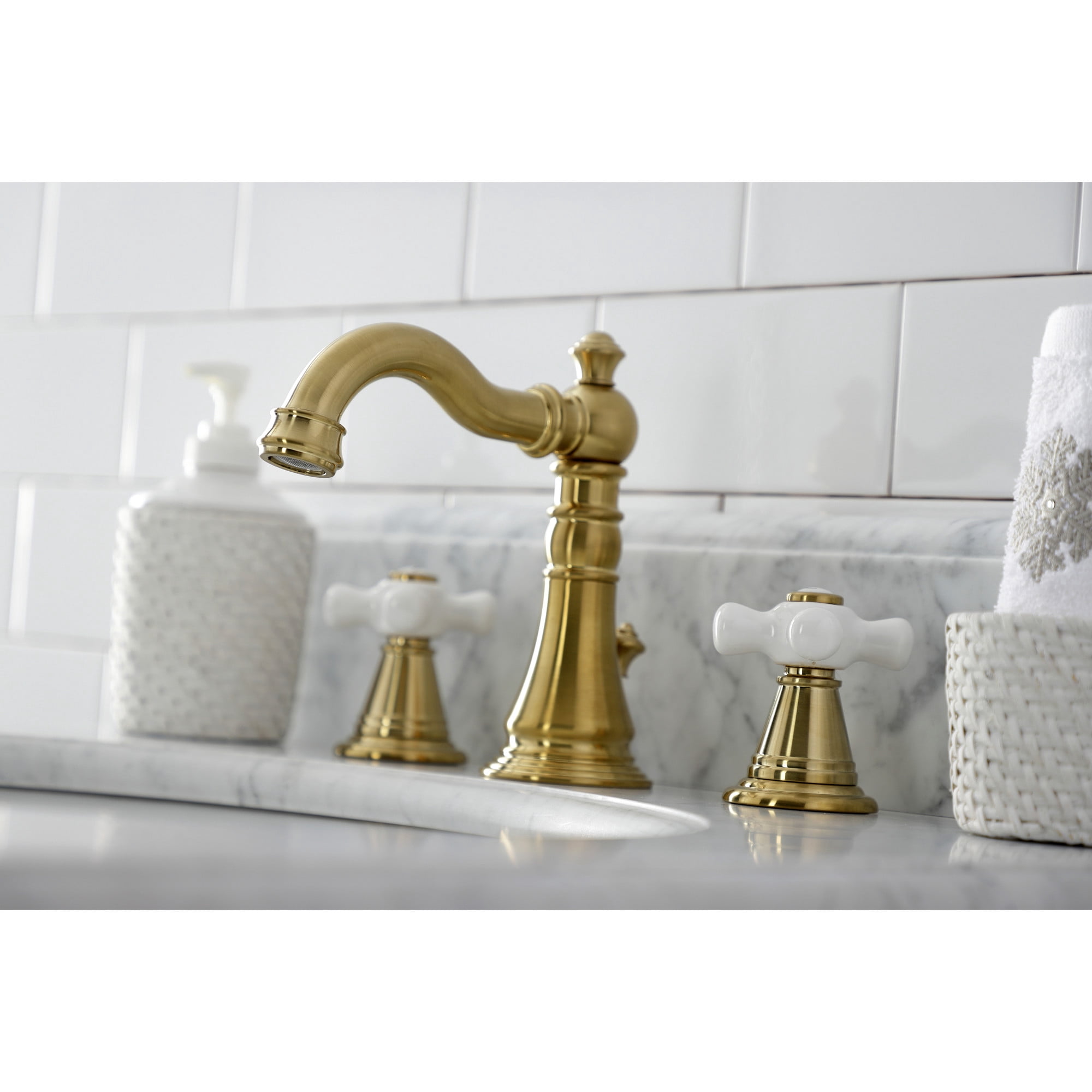 Kingston Brass FSC1973APX American Classic Widespread Bathroom Faucet with Brass Pop-Up, Brushed Brass