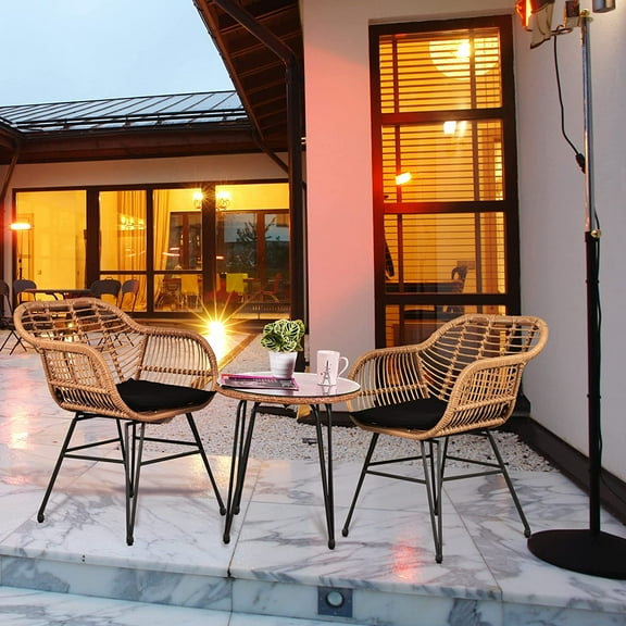 3 Piece Wicker Patio Furniture Set, Outdoor Bistro Chairs with Table & Cushions, Rattan Porch Set for Balcony, Backyard, Poolside, Black