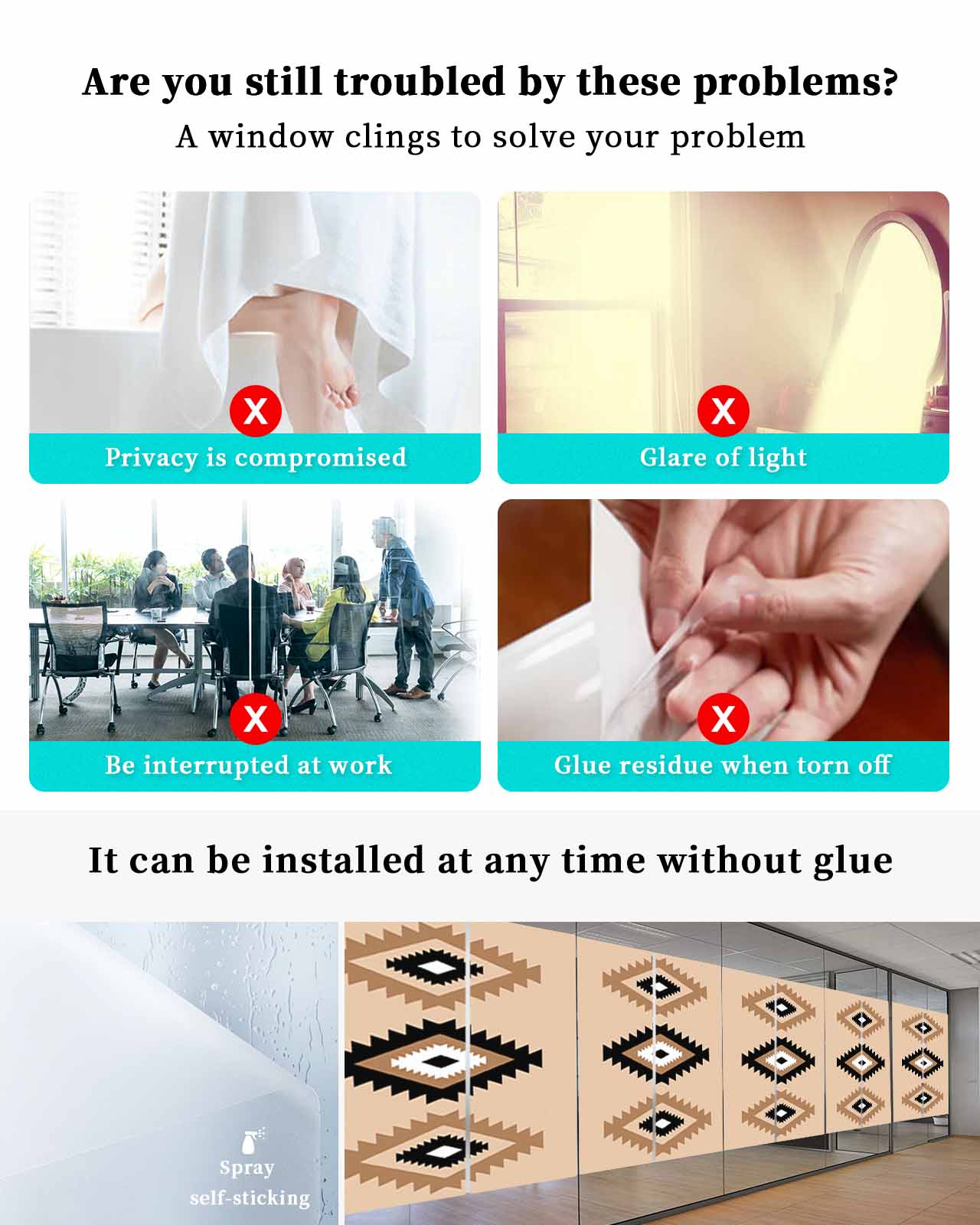 Window Privacy Film, Black Brown Boho Aztec UV Sun Blocking Window Tint Film Heat Control One Way Blackout Window Film, Morocco Mexican Geometric Bohemian Non Adhesive Static Cling 35.4x78.7 In