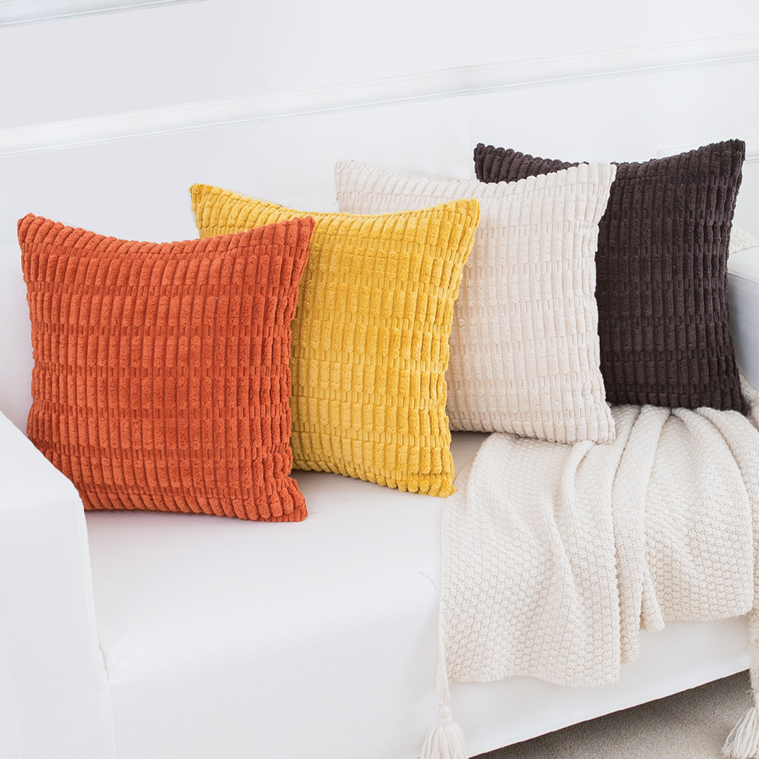 Softalker Corduroy Throw Pillow Covers 22 x 22, Set of 4, Soft Striped