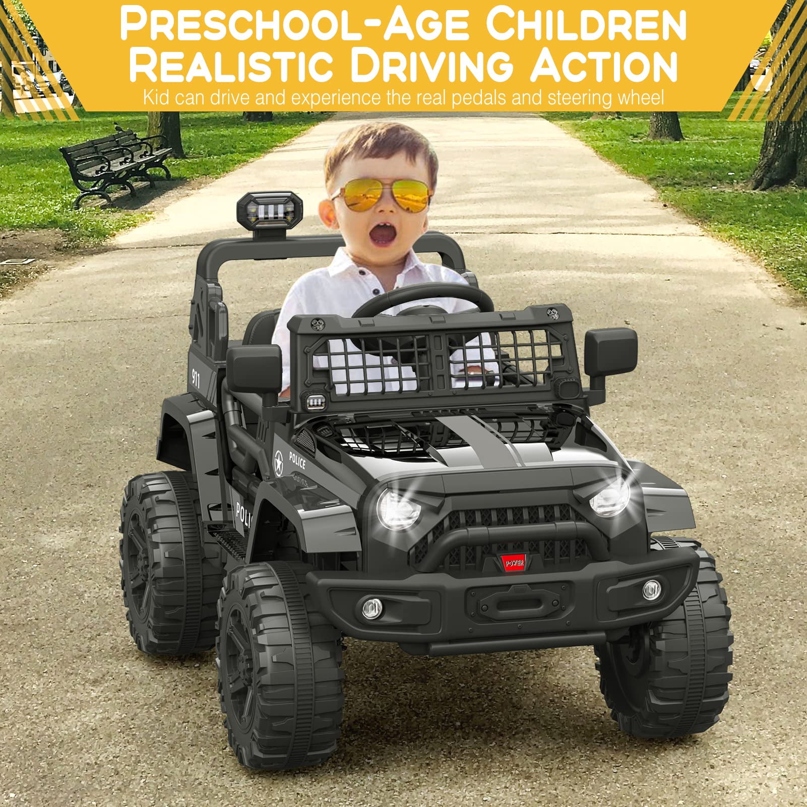 Ride on Truck Car 12V Kids Electric Mini Jeep with Remote Control Spring Suspension, LED Lights, Bluetooth, 2 Speeds (Black)