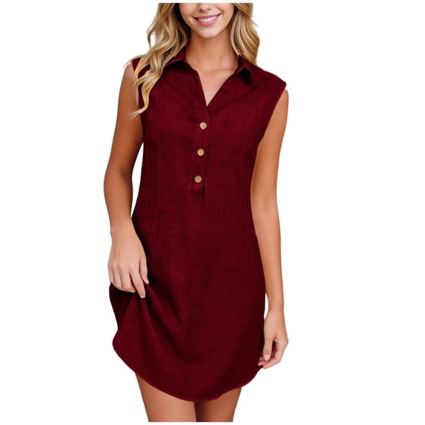 Vestido de Camisa de Cuello sin Mangas de Tamaño Más Alto, Color Sólido Mini Casual con Bolsillos para el Verano