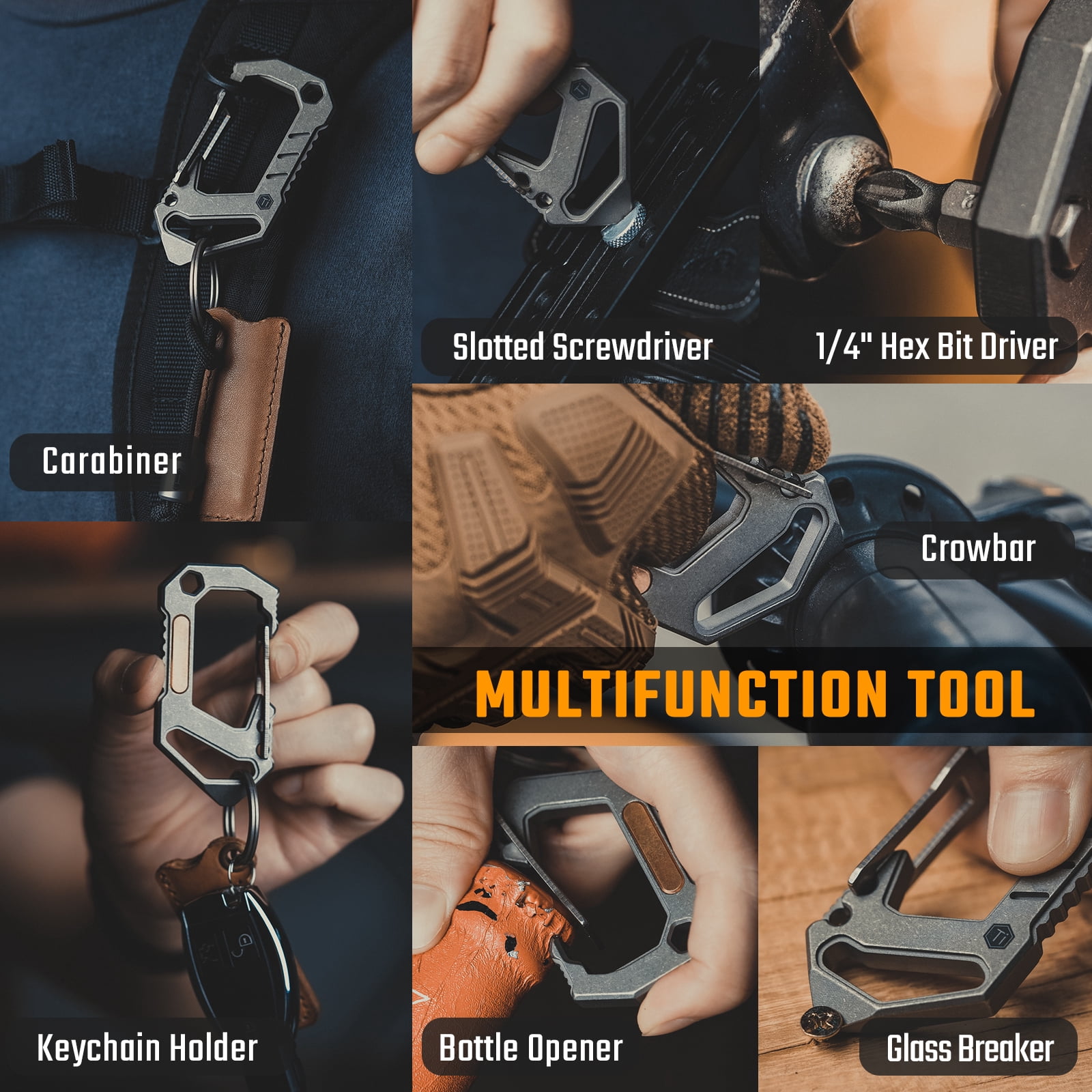 Key Unity Titanium Multitool Carabiner Keychain, 6 in 1 EDC Multitool Keychain for Men and Women,3.1x1.5x0.3inches, KU03