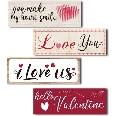 4 Pieces Wood Signs Valentine's Day Farmhouse Wooden Wall Sign Decorations Set Rustic Wall Decor Hanging Wall Sign Wall Mount