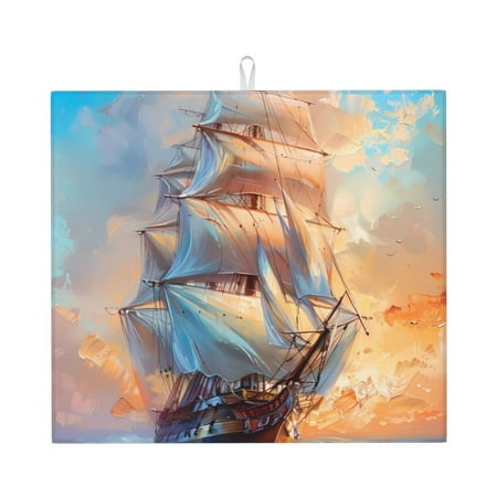 

Lukts Sailing Ship Ocean Sunset Print Ultra Water Dish Drying Mat Slip Resistant Pad for Sink Dishes or Under Rack Kitchen Counter Accessories