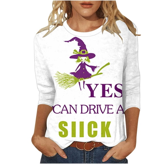 FDGIU 2025 Women's Plus Size Tunic Tops - Funny Halloween Novelty Shirts, 3/4 Length Sleeve Crew Neck Blouse, Loose Fit Casual Fall Winter Tops