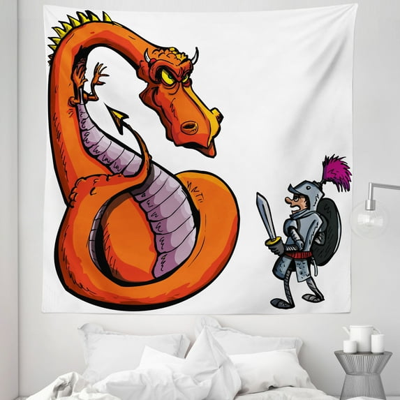 Dragon Tapestry, Cartoon of a Knight Facing a Fierce Spitting Character Medieval Humor Sketch, Fabric Wall Hanging Decor for Bedroom Living Room Dorm, 5 Sizes, Multicolor, by Ambesonne