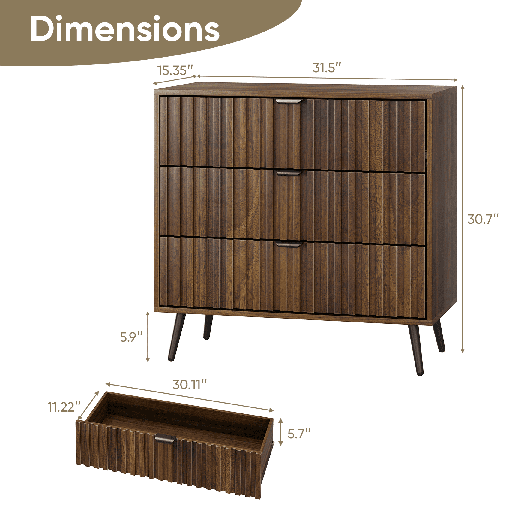 Algherohein Wood Dressers for Bedroom 3 Drawer,Chest of Drawers Walnut,Aldult