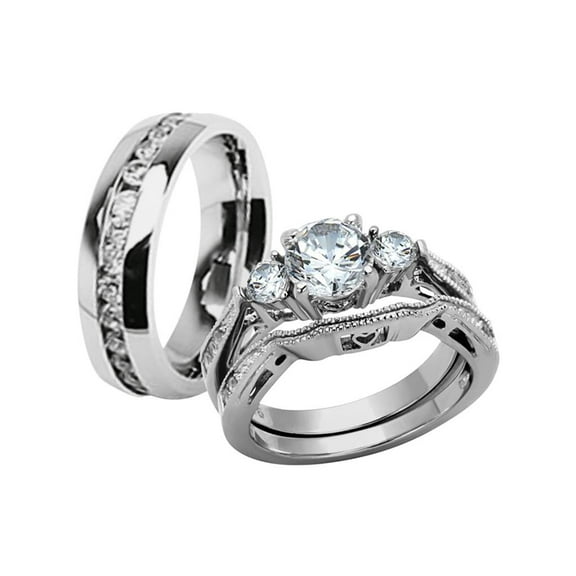 Hers & His Stainless Steel 3 Piece Cz Wedding Ring Set and Eternity Wedding Band Women's Size 10 Men's 06mm Size 07