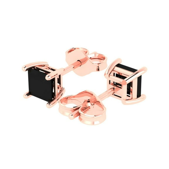 1.0 Ct Princess Cut Studs Black Natural Onyx 14K Rose Solid Solid Gold Everyday Dainty Earrings Push Back