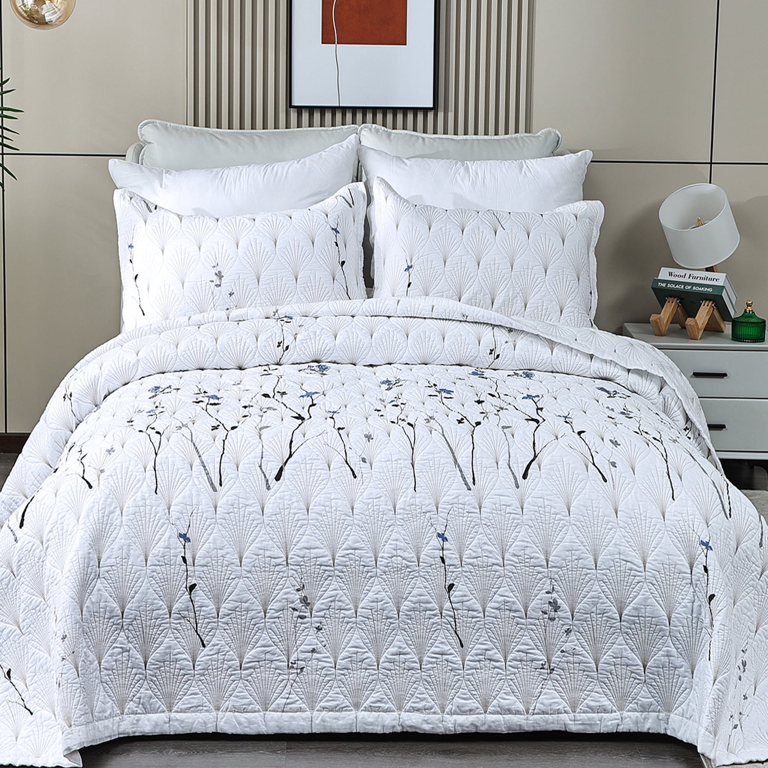 Evenhug Quilt Set 3-Piece Queen Branch Bird Cotton Quilt Bedding Set With 2 Pillow Shams