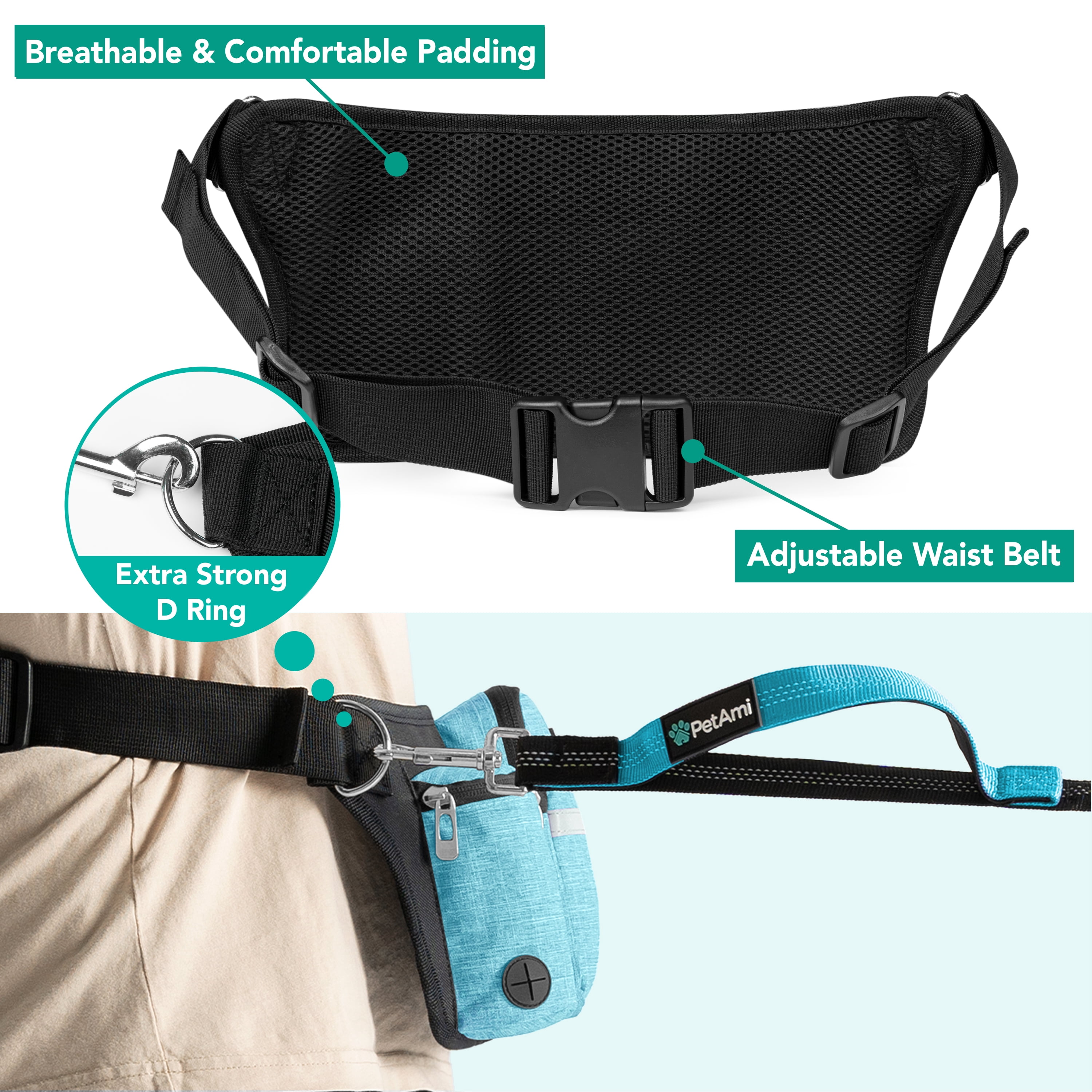 PetAmi Premium Hands Free Dog Leash for 2 Dogs, Adjustable Waist Belt for Dog Walking, Fanny Pack Accessories Bag Dual Bungee for Running, Hiking, Jogging, Biking, Turquoise Blue