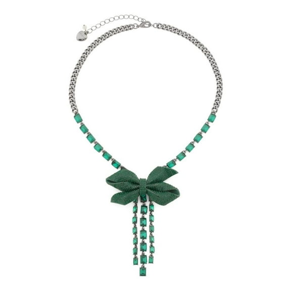 Betsey Johnson Womens Christmas Necklace Crystal Bow Y Neck Necklace, Green, One Size