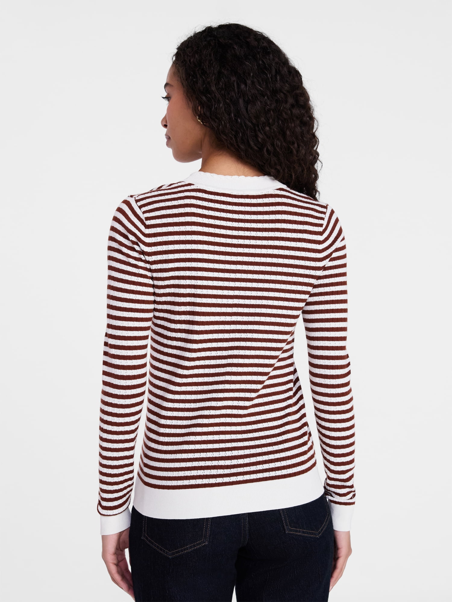 Time and Tru Women's Stripe Pointelle Rib Sweater with Long Sleeves, Lightweight, Sizes XS-XXXL