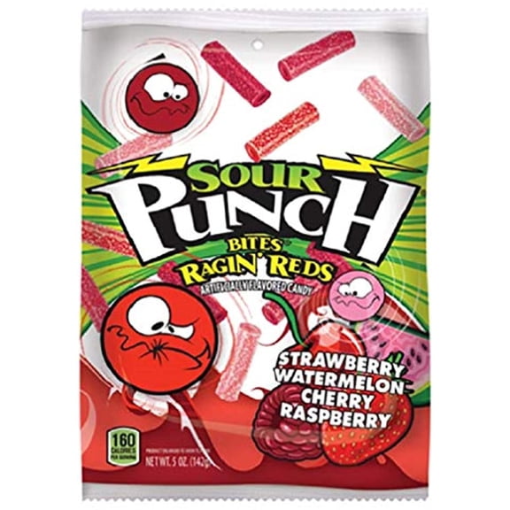 Sour Punch Bites, Rad Reds Watermelon, Strawberry, Cherry & Raspberry Chewy Candy, 5Oz Bag (Pack Of 12) (Packaging May Vary)