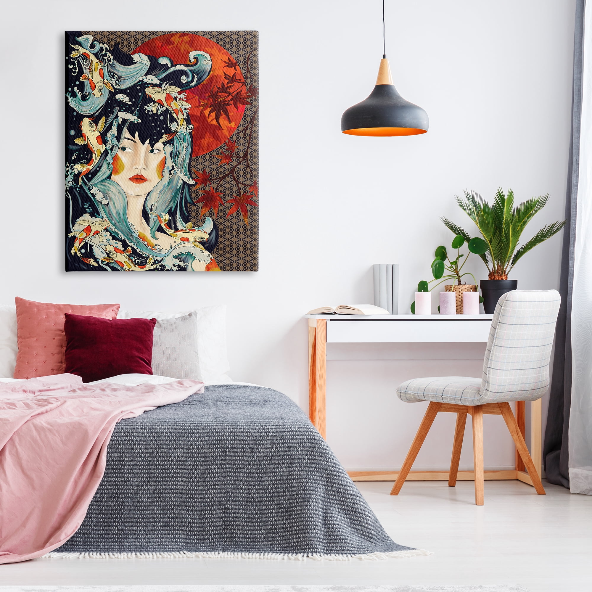 Stupell Industries Regal Female Abstract Portrait Geometric Pattern Koi Fish, 36 x 48,Design by Sangita Bachelet