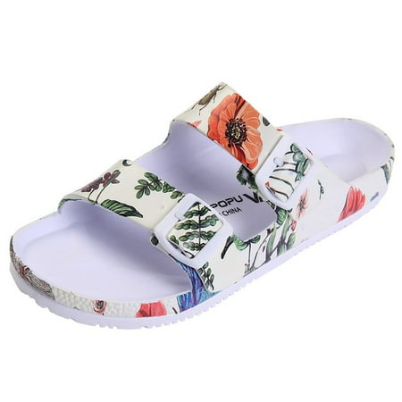 

VICT POPU Womens Sandals Adjustable Double Buckle Strap Waterproof EVA Flat Slides，DRAGONFLY BEIGE Sizes 9