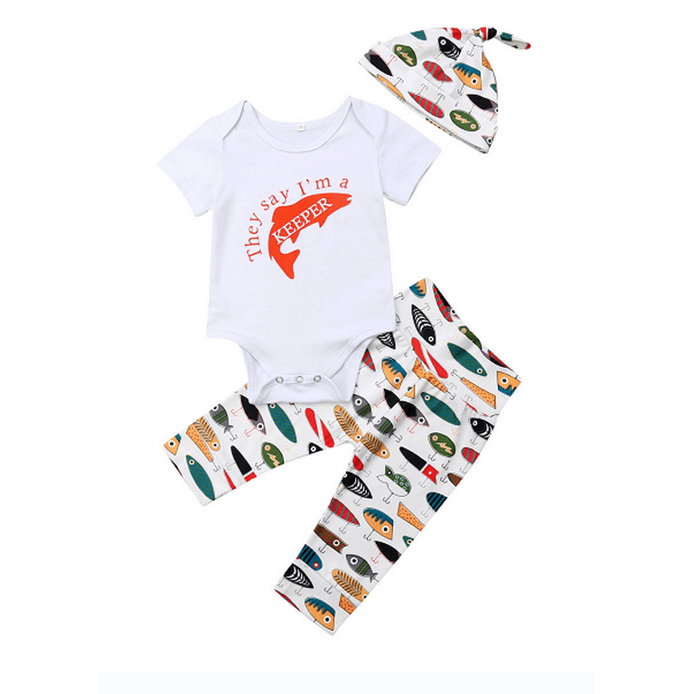 Calsunbaby Newborn Infant Baby Girls Boys Daddy's Fishing Buddy Romper  Bodysuit Fish Pants Hat 3Pcs Summer Outfit 