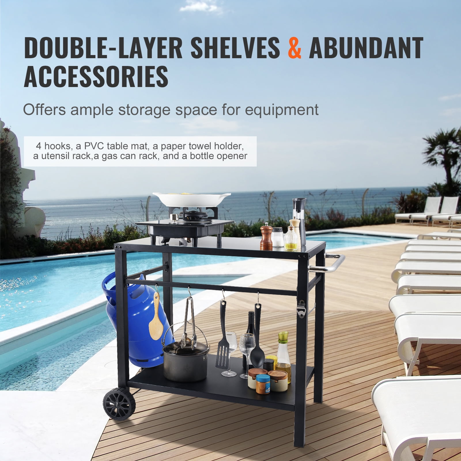 KFFKFF Outdoor Grill Cart with PVC Table Mat, 2 Tier Portable Modular Carts for Pizza Oven BBQ Mobile Grill Cart Food Preparation for Garden, Backyard