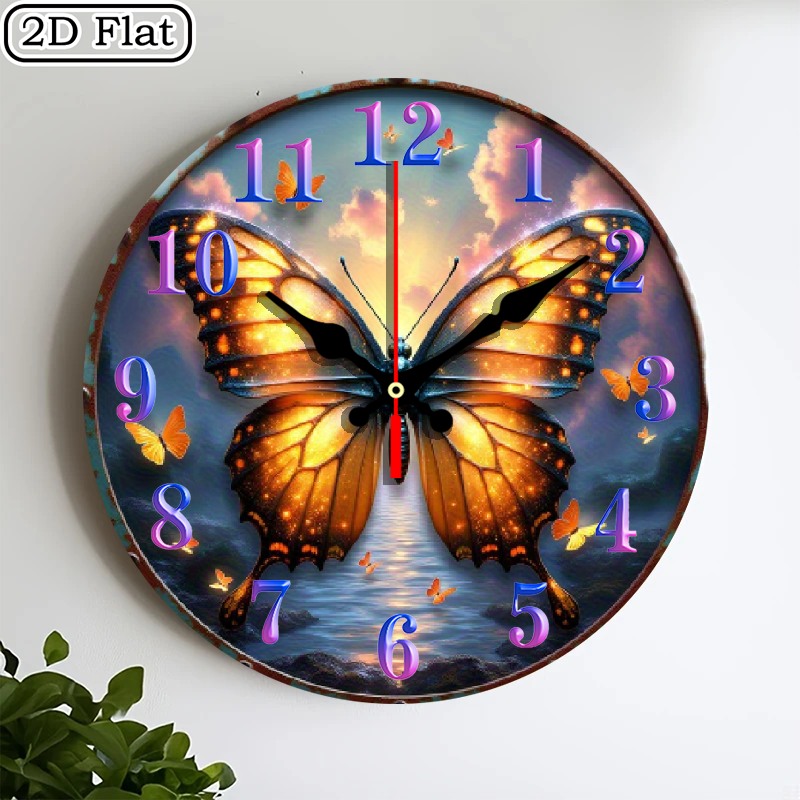 2D flat wooden wall clock - silent, butterfly design, with worn-out wood design, powered by AA batteries (not included) for home decoration, living room, bedroom, holiday gifts