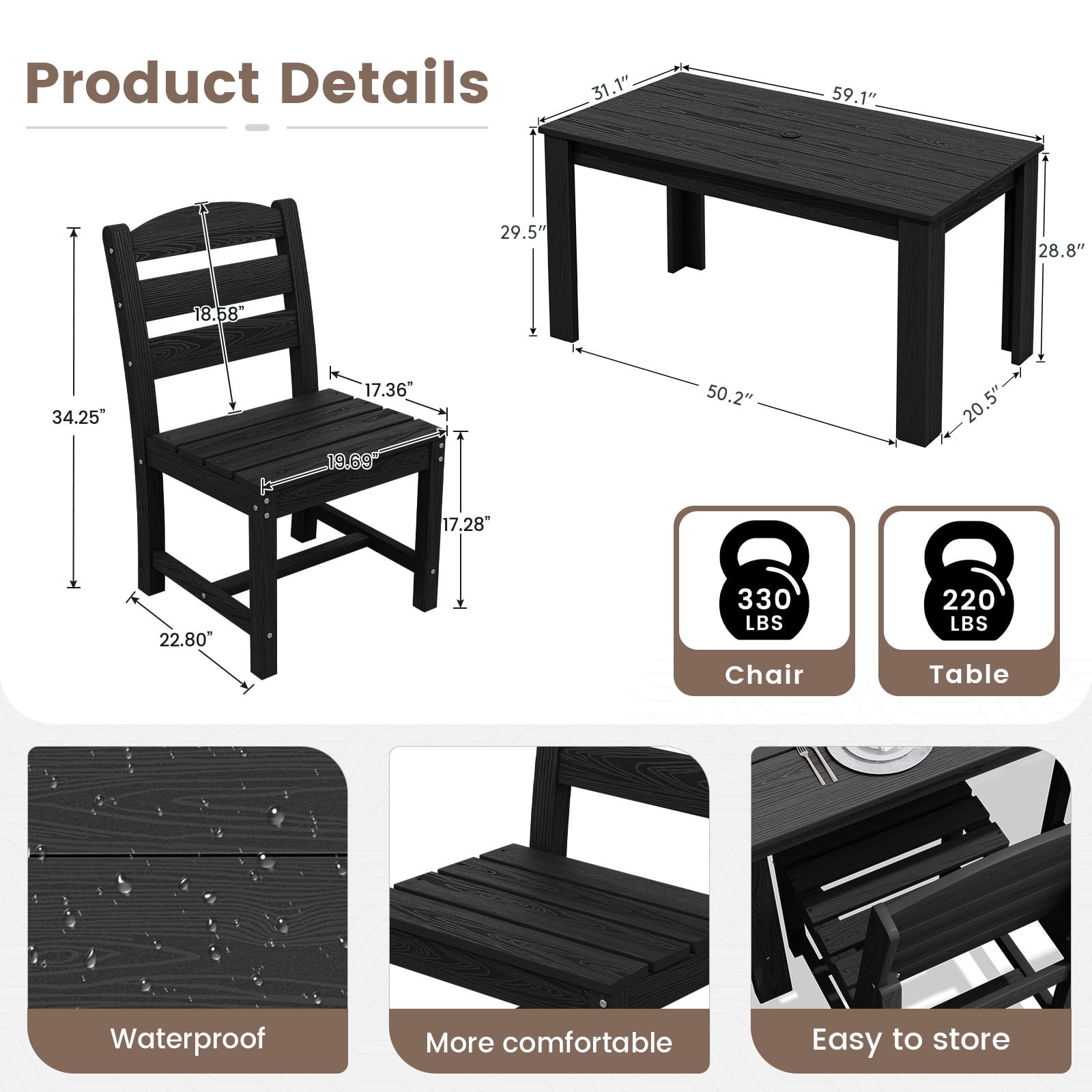 SERWALL Outdoor Dining Set for 10, 2 Outdoor Dining Tables with Umbrella Hole and 10 Armless Dining Chairs, All Weather Patio Dining Set, Black