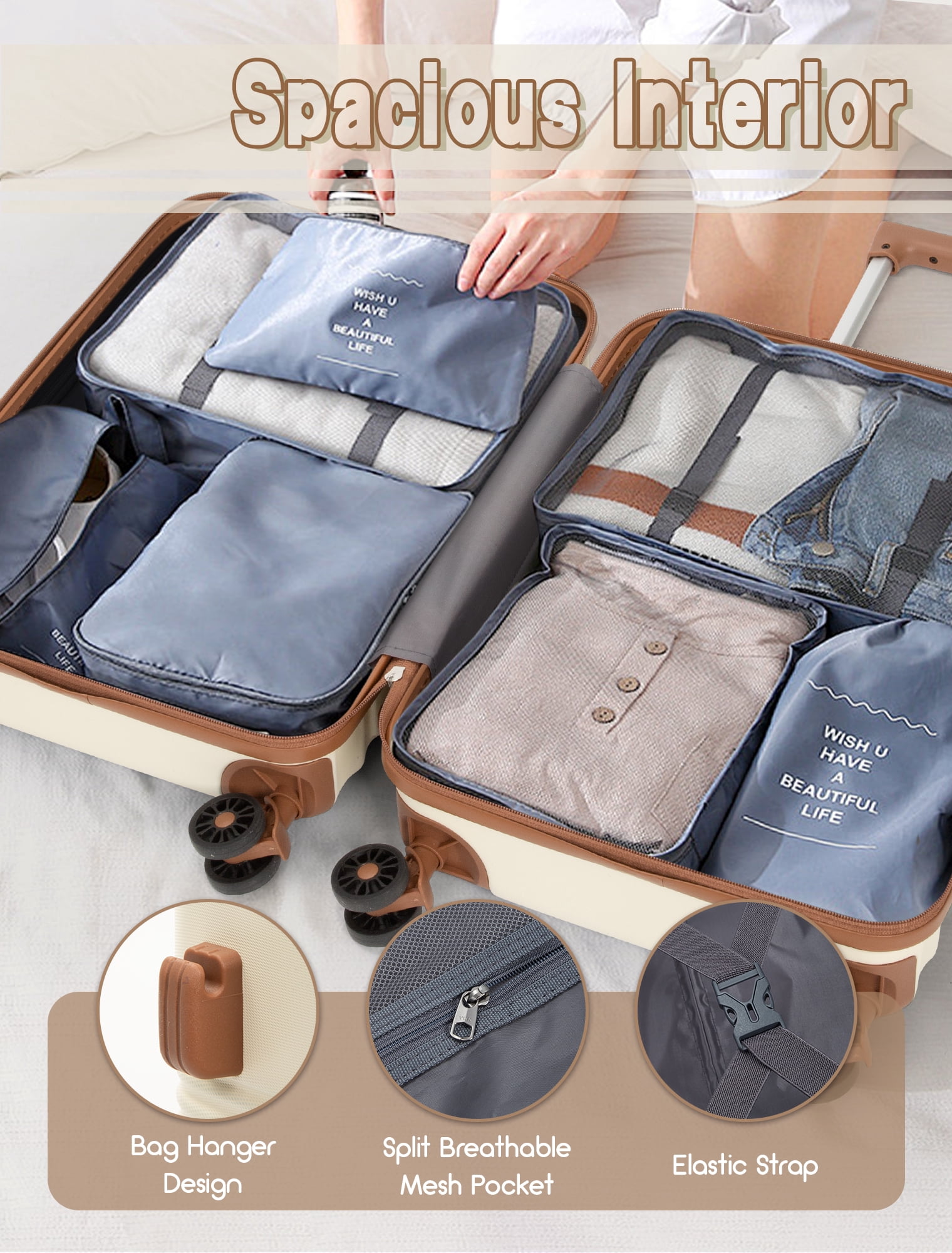 Concepten 5-Piece Luggage Set ABS Hardshell Suitcase with TSA Lock（20"Carry-On and 24" Travel Suitcase、28"Checked Luggage)-Beige
